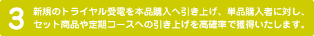 3.新規のトライヤル受電を本品購入へ引き上げ、単品購入者に対し、セット商品や定期コースへの引き上げを高確率で獲得いたします。