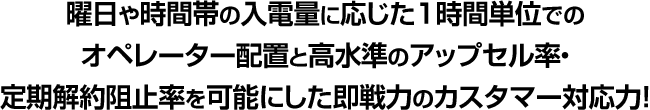 曜日や時間帯の入電量に応じた1時間単位でのオペレーター配置と高水準のアップセル率・定期解約阻止率を可能にした即戦力のカスタマー対応力！